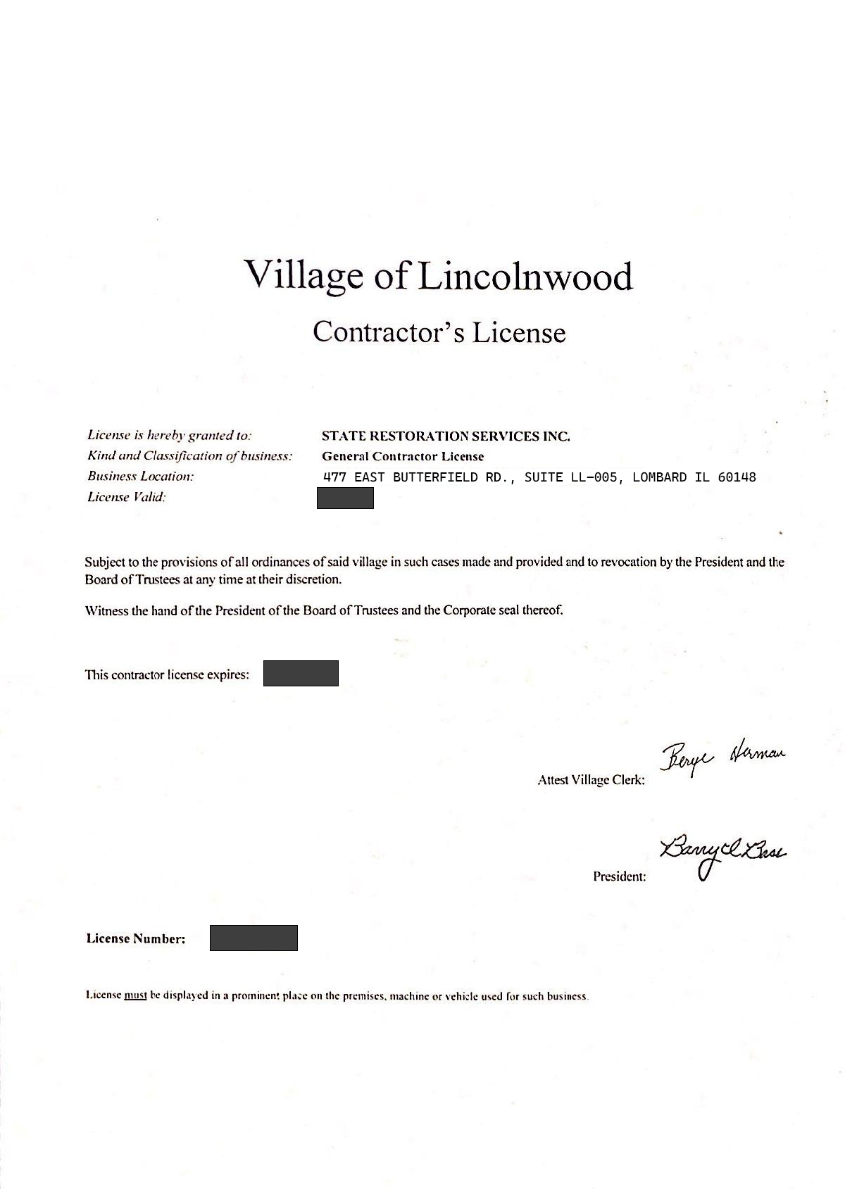 Contractors Registration Lincolnwood