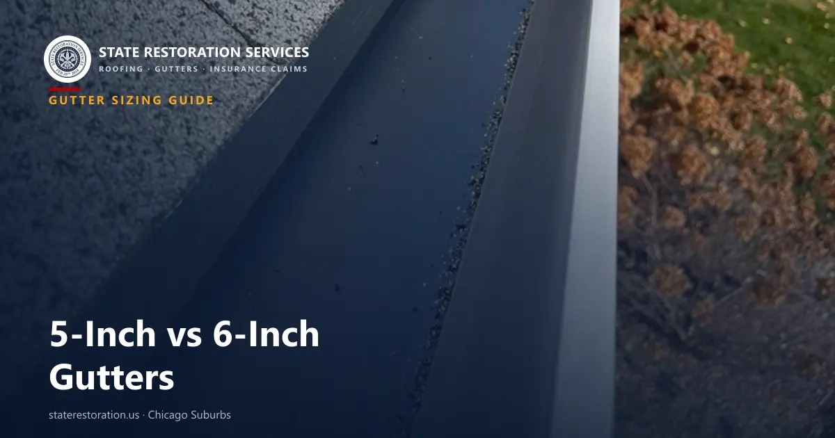 Seamless aluminum gutter and downspout along a Chicago-area roofline, the kind of run that determines 5-inch vs 6-inch sizing