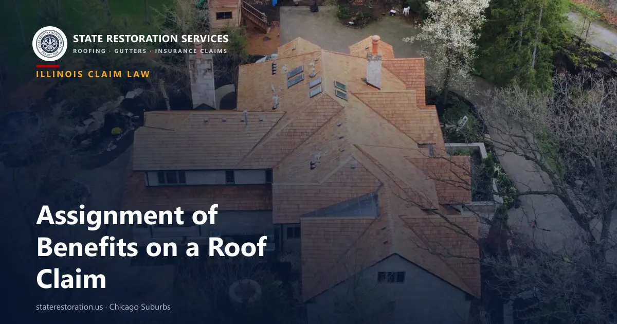Aerial view of a Chicago-area shingle roof, the kind of roof job an assignment of benefits on an insurance claim pays for