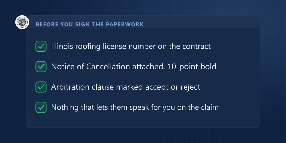 Checklist: Illinois roofing license number, notice of cancellation, arbitration clause, and no claim-representation language