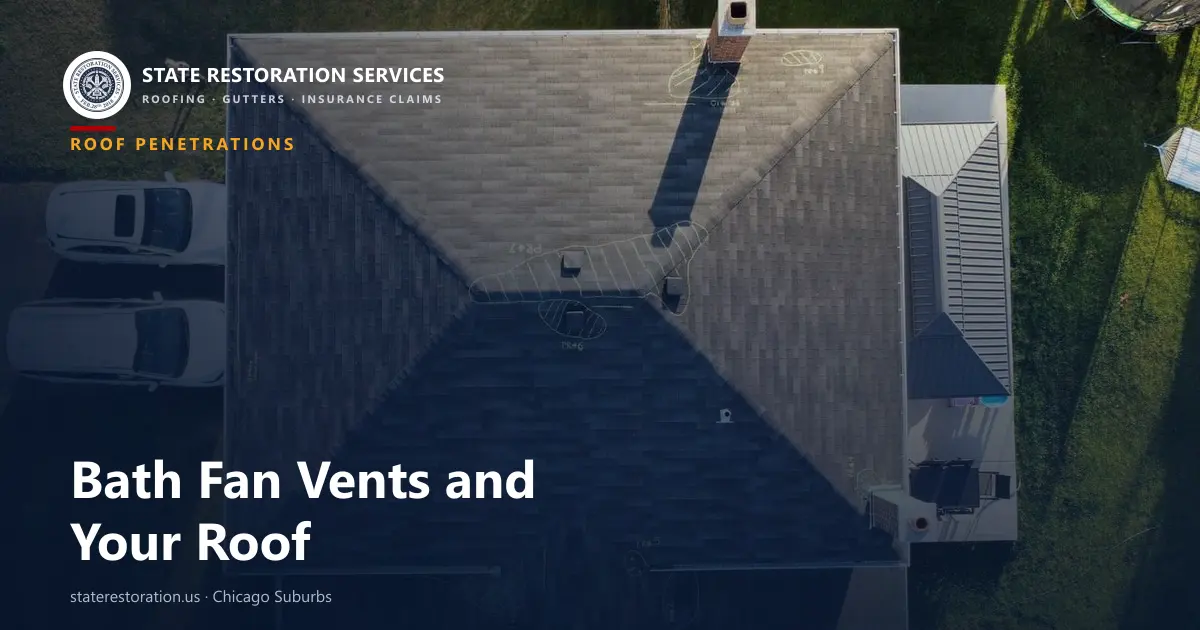 Aerial view of a shingled suburban Illinois roof with small exhaust vent caps set between the slopes
