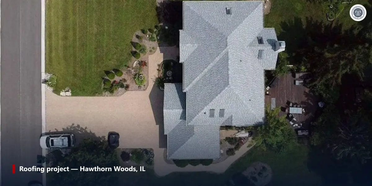 Completed State Restoration Services roof in Hawthorn Woods, Illinois, with exhaust caps set high on the slopes