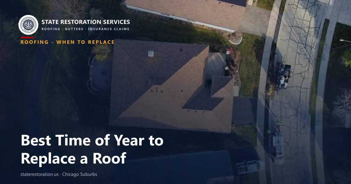Aerial view of a completed asphalt shingle roof on a Chicago-suburb home in late autumn