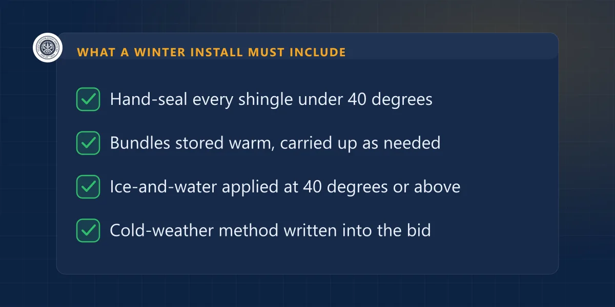 Checklist of what a cold-weather roof install must include: hand-sealing, warm bundles, ice-and-water, written method