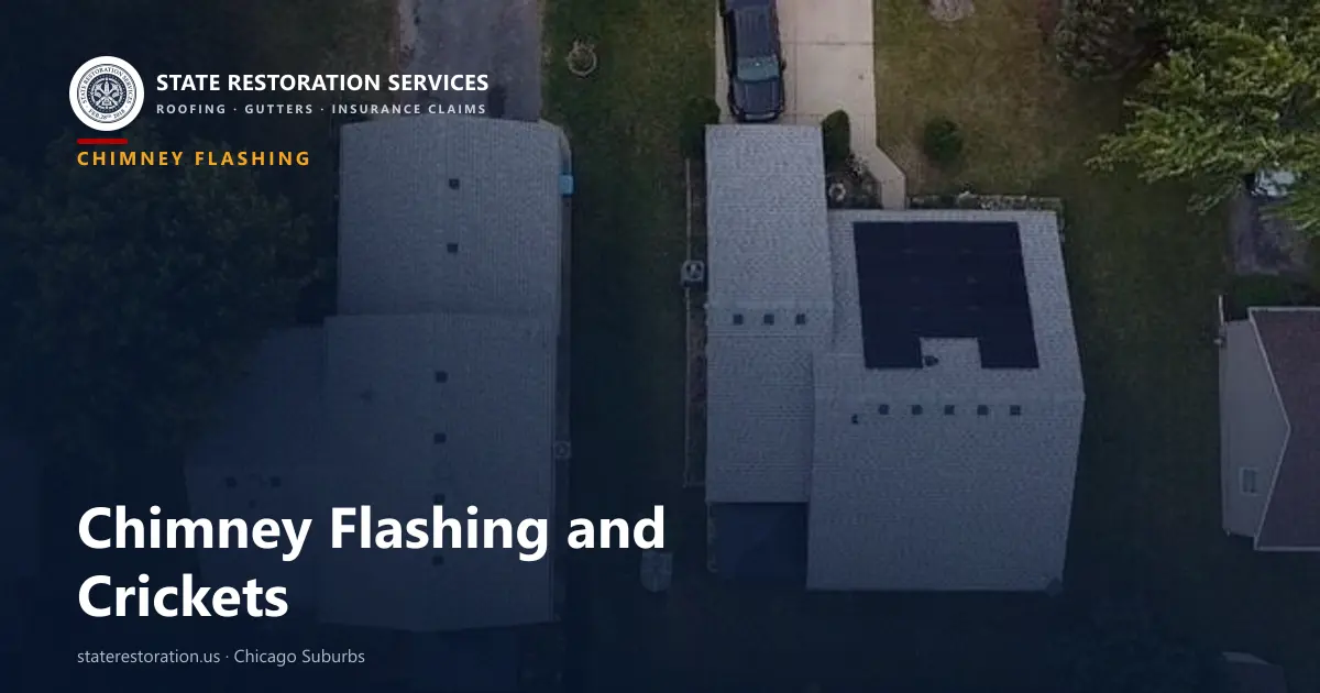 Aerial view of Chicago-suburb roofs showing the chimneys and vent stacks where chimney flashing seals the joint