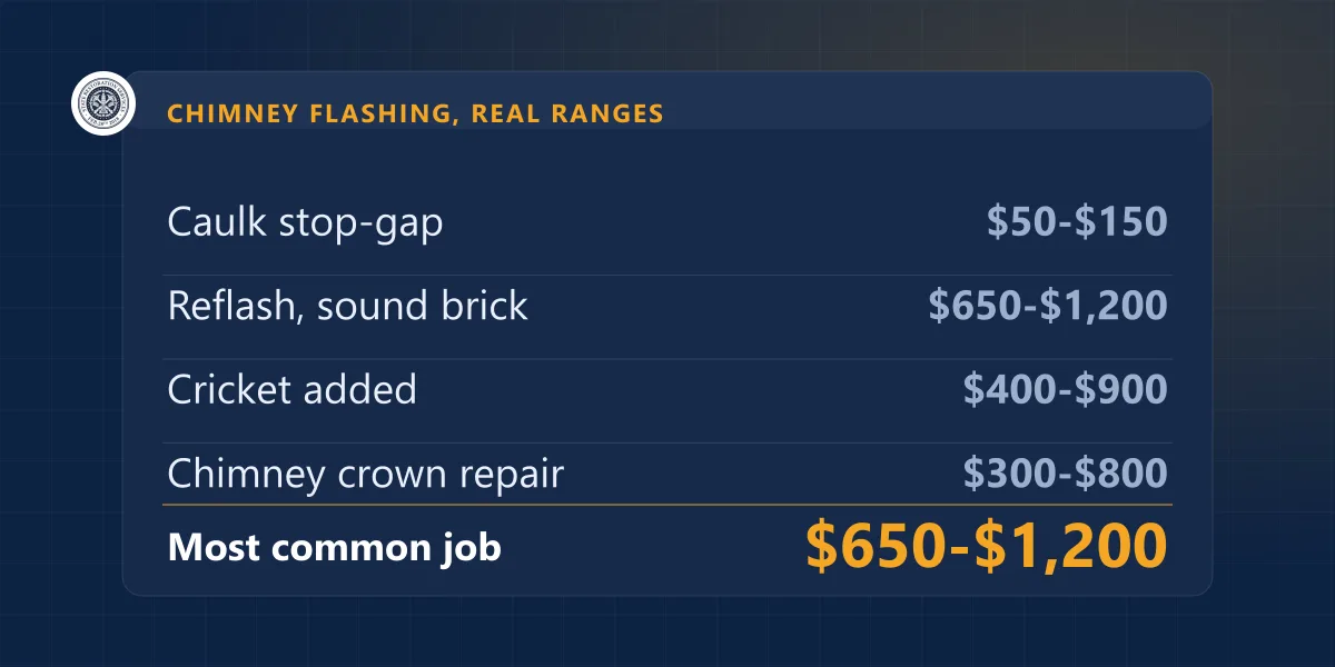 Chimney flashing cost ranges: caulk stop-gap $50-$150, reflash $650-$1,200, cricket $400-$900, crown repair $300-$800