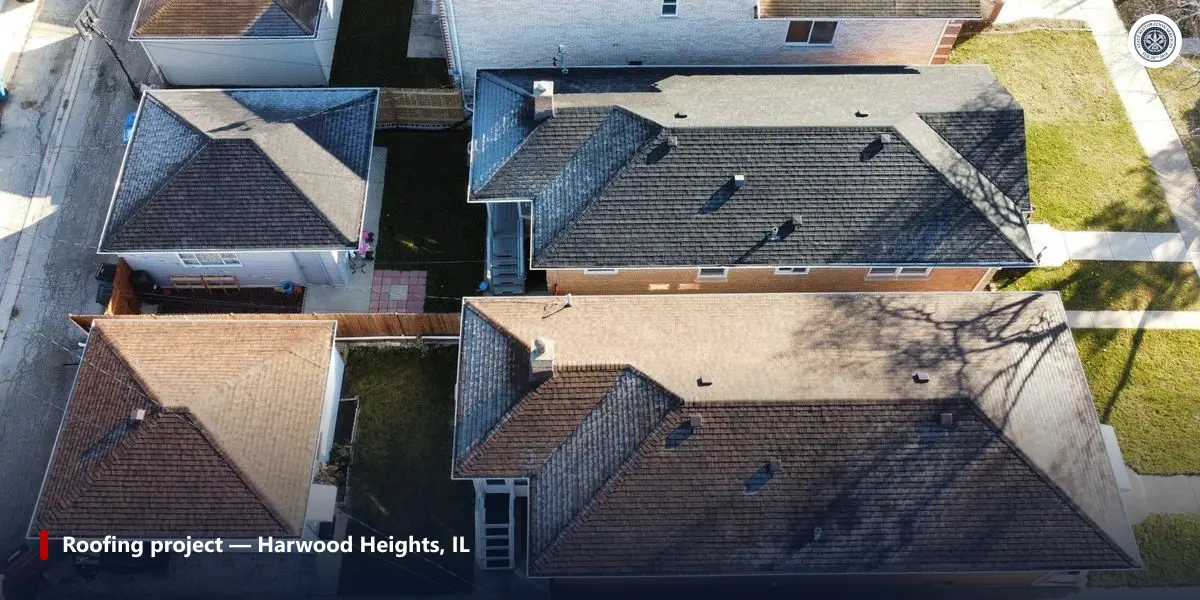 Aerial view of a completed State Restoration Services roofing project in Harwood Heights, Illinois
