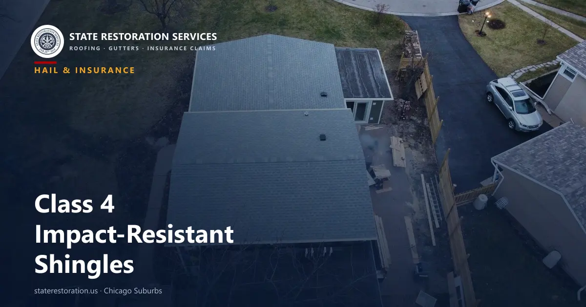 Aerial view of a newly shingled suburban roof with a detached garage, completed by State Restoration Services