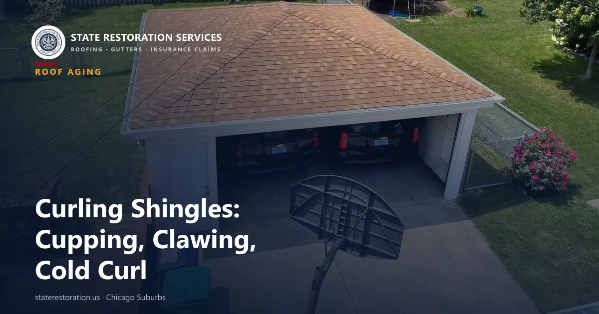 Aerial view of a hip roof on a detached garage, cover image for a guide to curling, cupping and clawing shingles