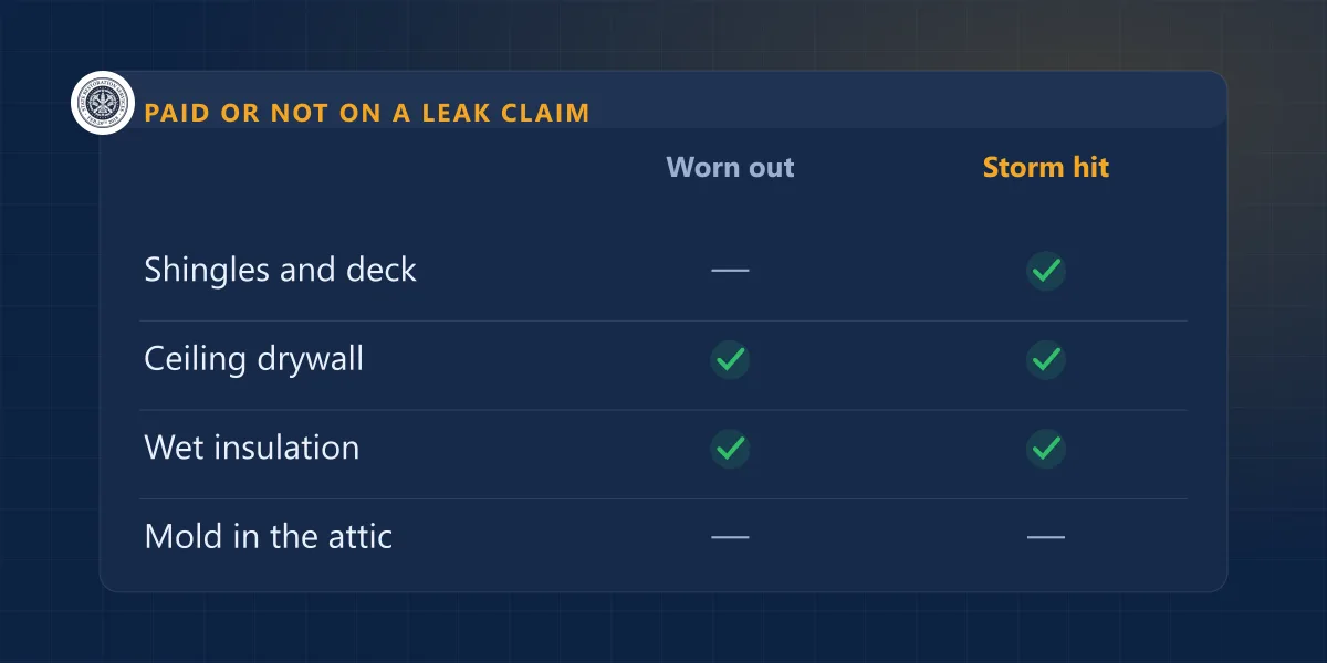 Table showing what a roof leak claim pays for on a worn-out roof versus a storm-damaged roof