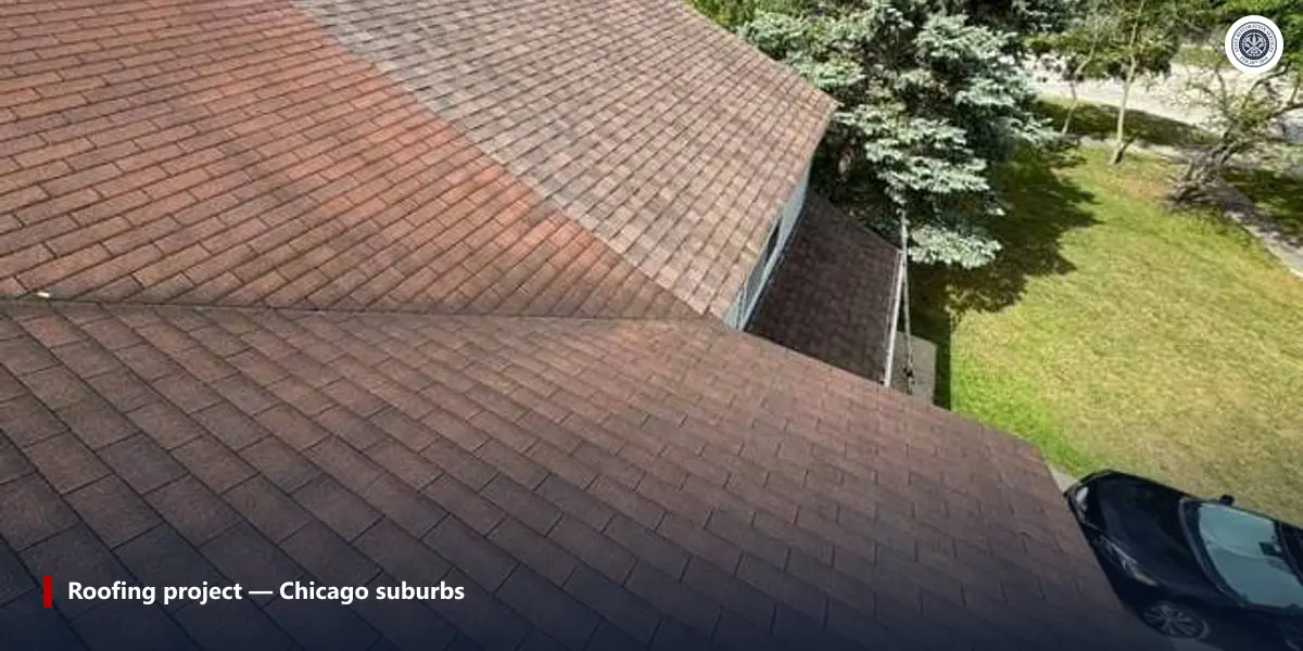 Brown asphalt shingle roof with a hip and a valley, seen from above a driveway in the Chicago suburbs