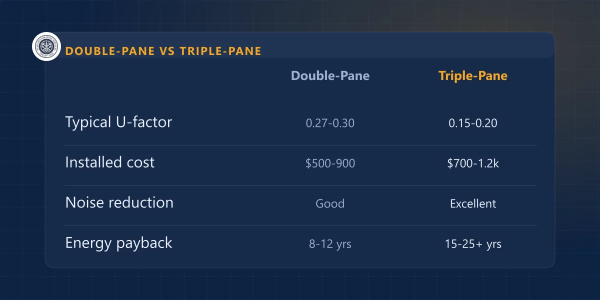 Data comparison of double-pane vs triple-pane windows showing U-factor, installed cost, noise reduction and energy payback