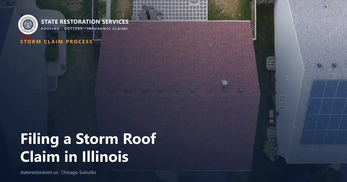 Aerial view of a Chicago-suburbs roof used to illustrate filing a storm damage insurance claim in Illinois