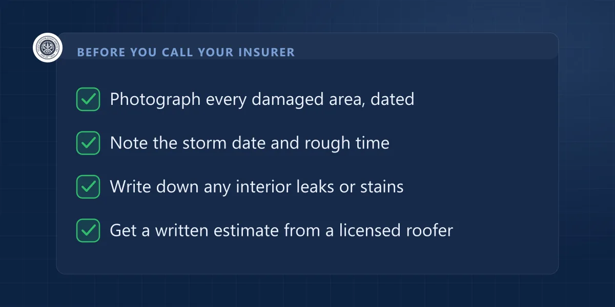 Checklist of documents to gather before calling your insurer after Illinois storm roof damage
