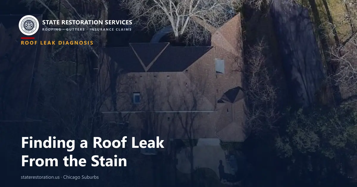 Aerial view of a shingle roof in the Chicago suburbs with the title Finding a Roof Leak From the Stain