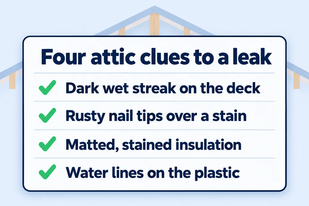 Checklist of four attic clues to a roof leak: dark wet streak on the deck, rusty nail tips, stained insulation, water lines on plastic