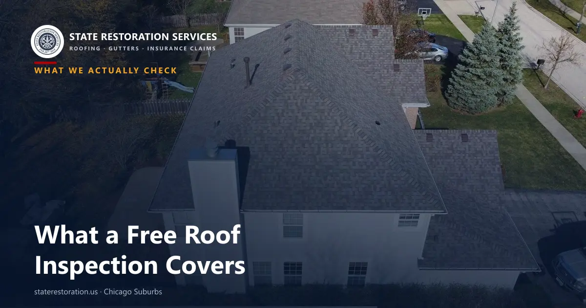 Aerial view of a suburban Chicago-area asphalt shingle roof during a free roof inspection
