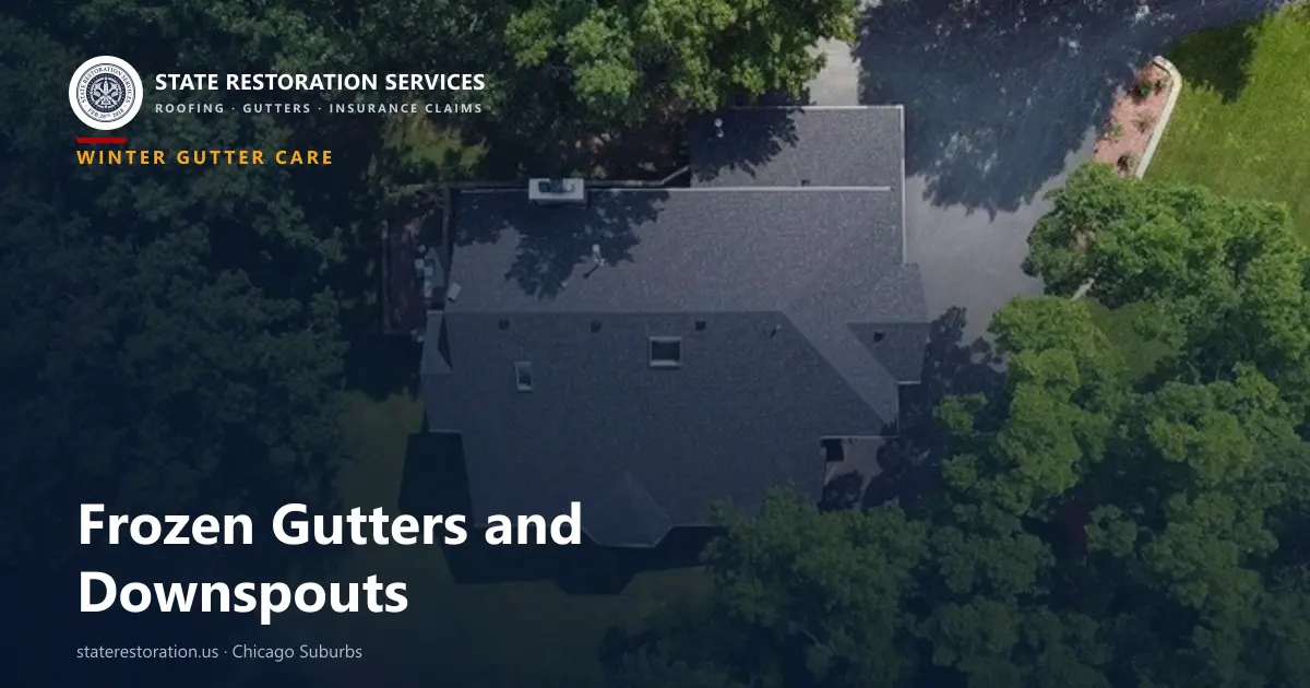 Aerial view of a completed asphalt shingle roof and gutter line on a Chicago-suburb home