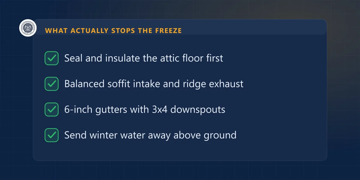 Checklist: attic air sealing, balanced soffit and ridge ventilation, 6-inch gutters, above-ground winter discharge