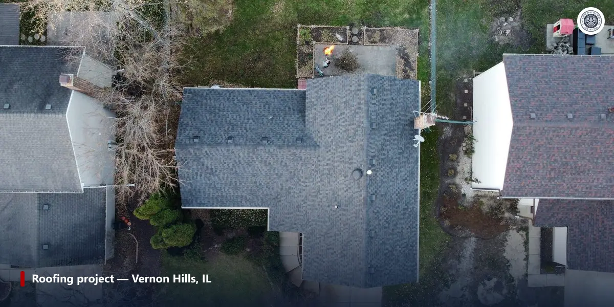 Aerial view of a completed State Restoration Services roofing project in Vernon Hills, Illinois