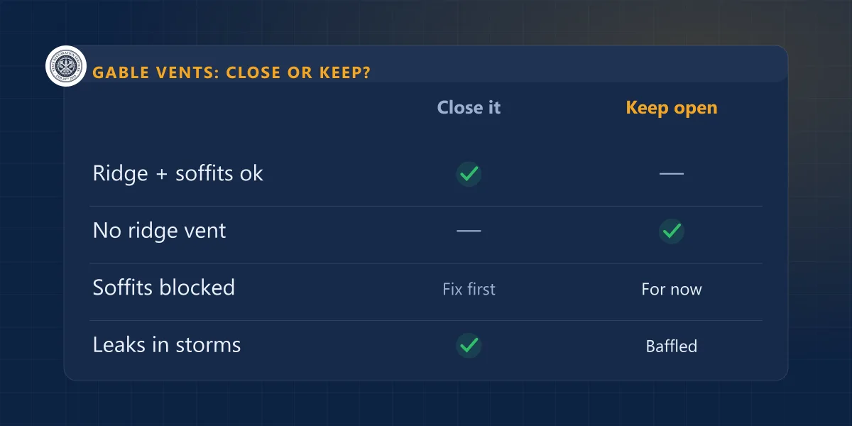 Chart of four attic setups showing when to close a gable vent and when to keep it open