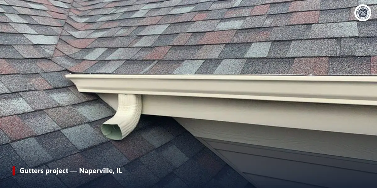 Seamless aluminum gutter and downspout outlet along the eave of a completed project in Naperville, Illinois