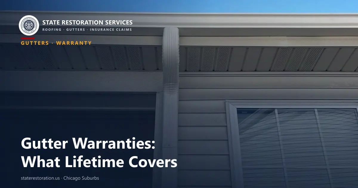 Seamless gutter and downspout on a suburban home, cover image for a gutter warranty guide