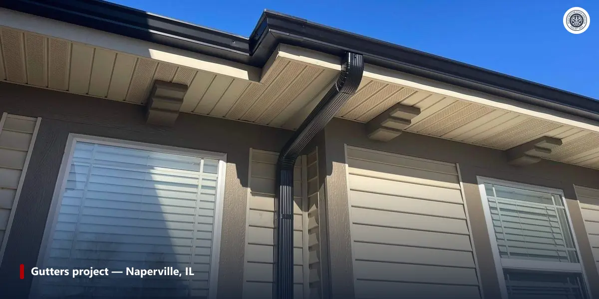 Dark seamless aluminum gutter and downspout on a beige-sided suburban Illinois home