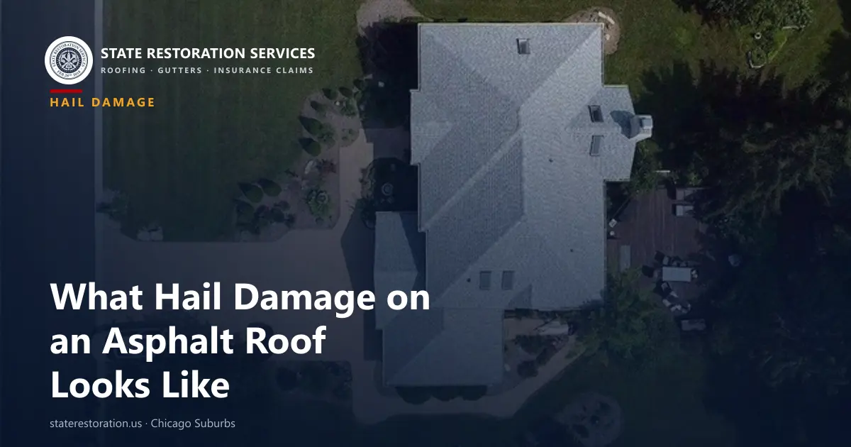 Close-up of hail damage bruising on asphalt shingles after a Chicago-area storm