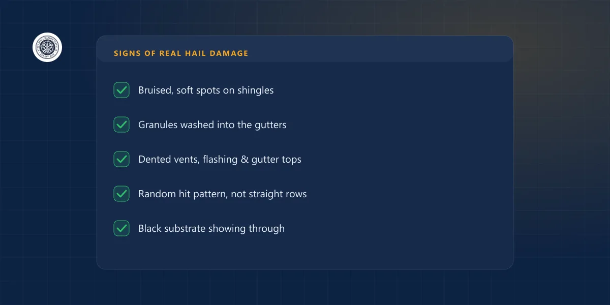 Checklist of what to check for hail damage: gutters, vents, downspouts, screens, and bruise marks