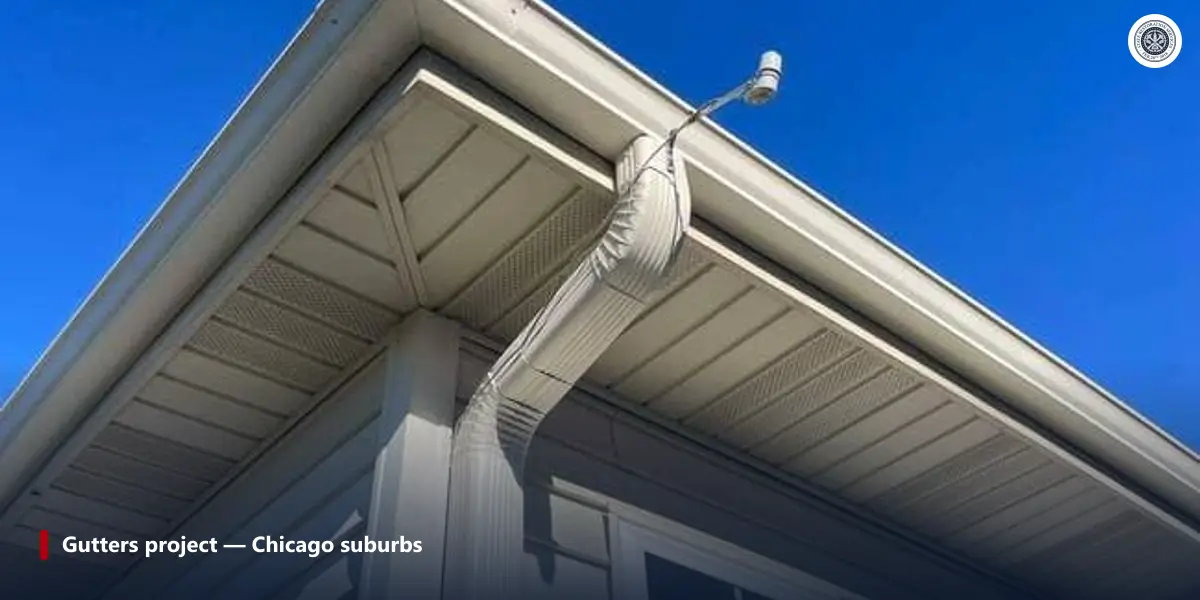 Aluminum downspout elbow and soffit corner on a completed gutter project in the Chicago suburbs