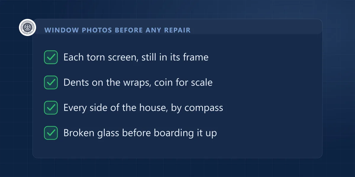 Checklist of window photos to take before any repair: torn screens, dented wraps, each side of the house, broken glass