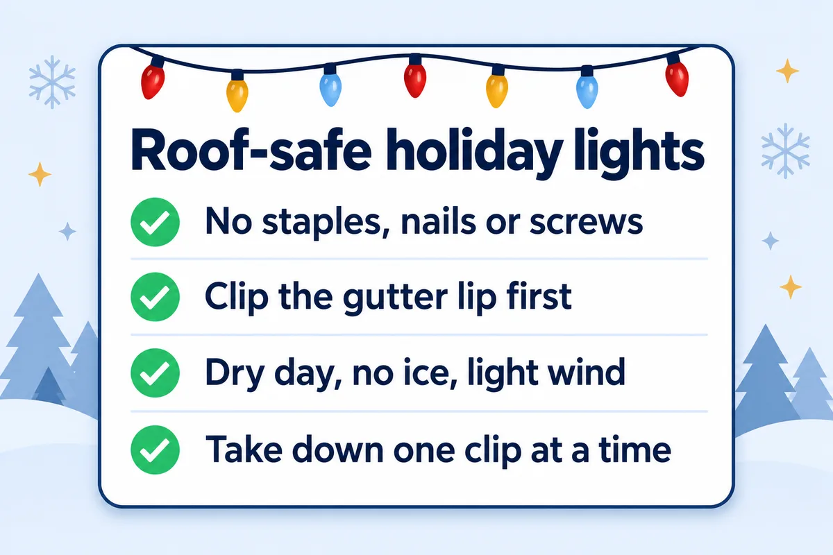 Checklist: no staples, nails or screws; clip the gutter lip first; dry day with no ice; take lights down one clip at a time
