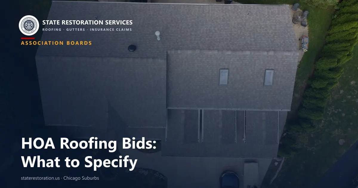 Aerial view of a completed shingle roof on a multi-unit Illinois building, used for an association roofing bid guide.