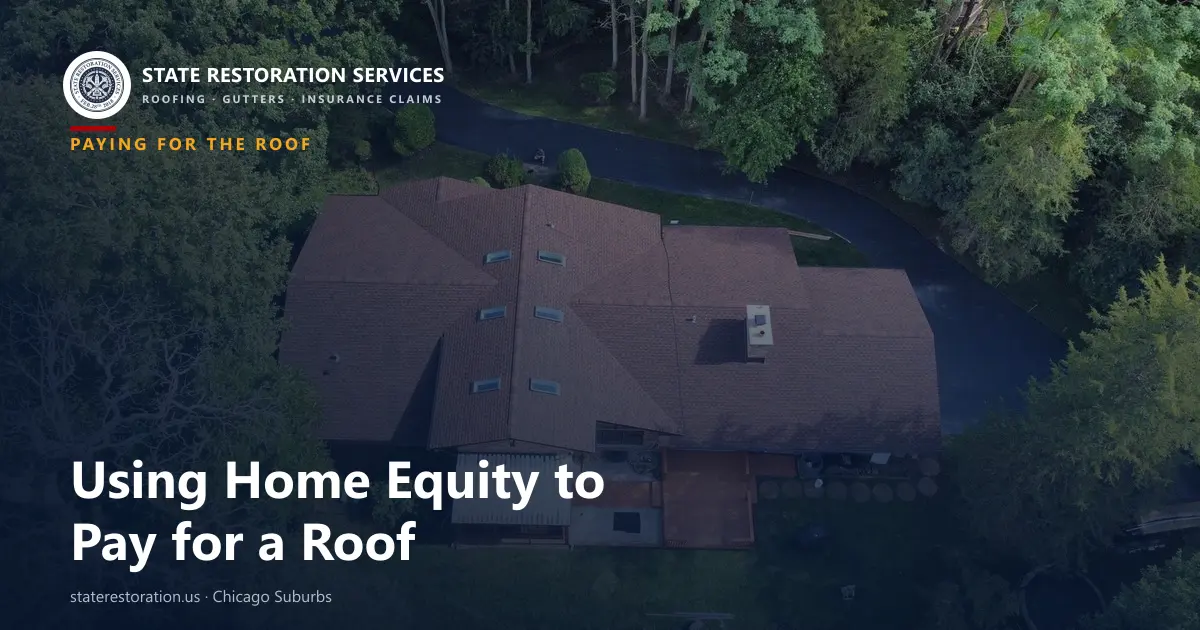 Aerial view of a large shingle roof on a Chicago-area home, the kind of roof replacement a home equity loan or HELOC pays for