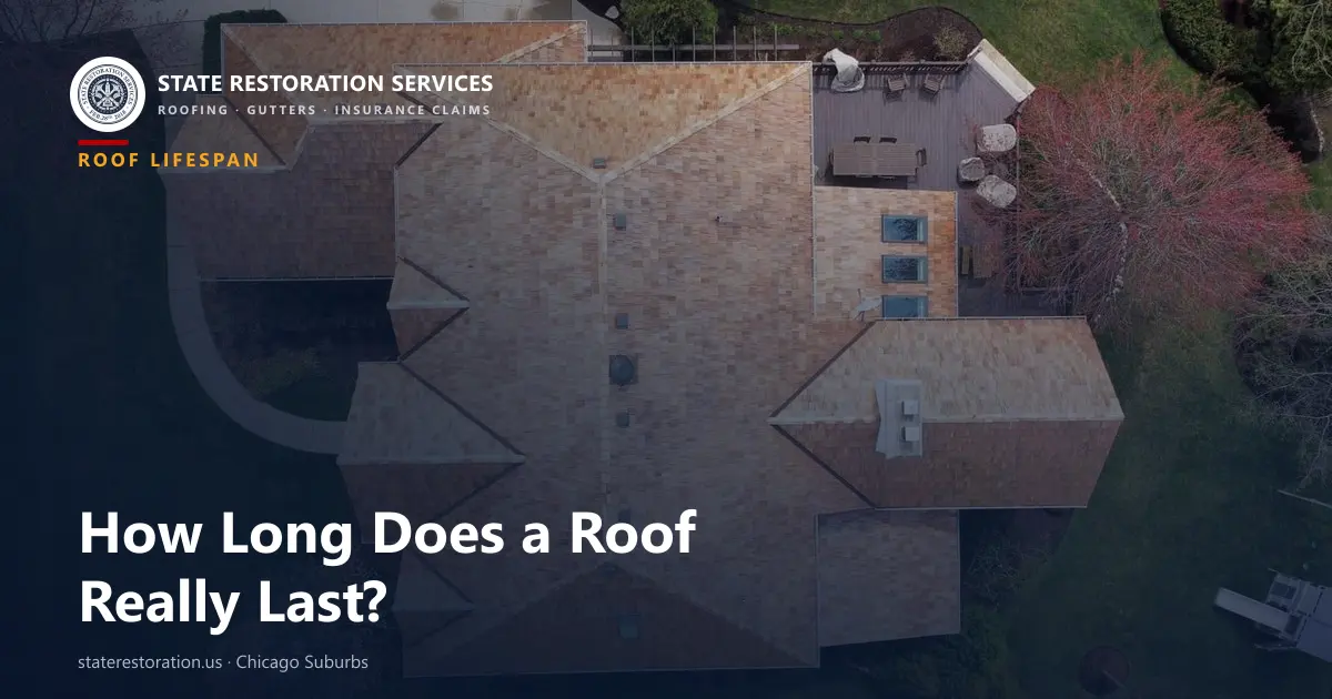 Aerial photo of a shingle roof with the question how long does a roof last in Chicago