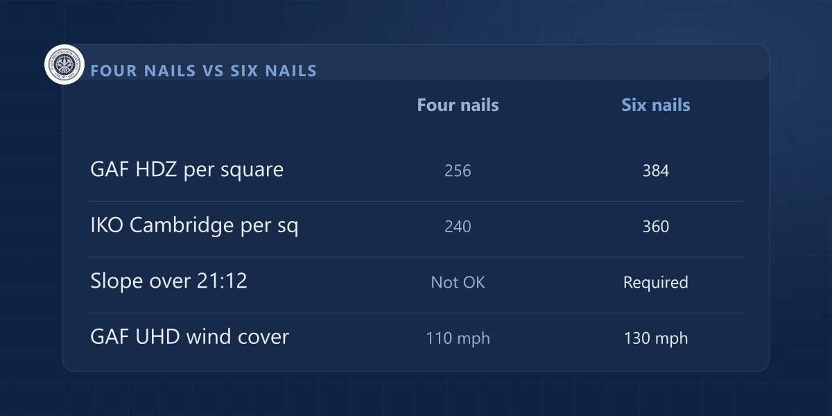 Table comparing four-nail and six-nail shingle installs: nails per square, steep-slope rule, GAF wind coverage.