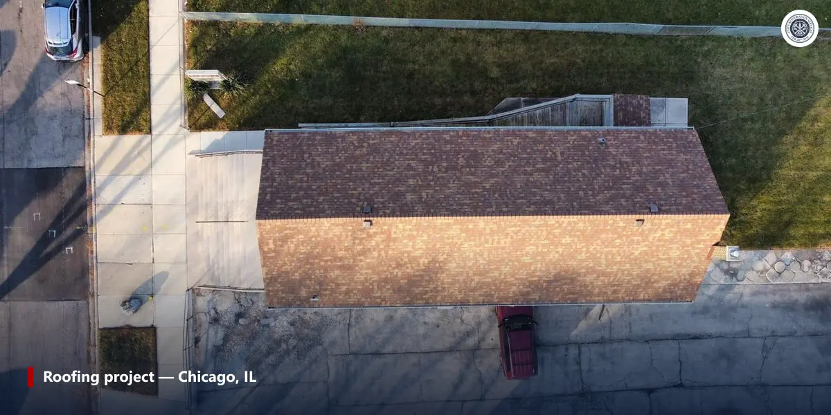 Aerial photo of a completed asphalt shingle roof on a Chicago, Illinois home.