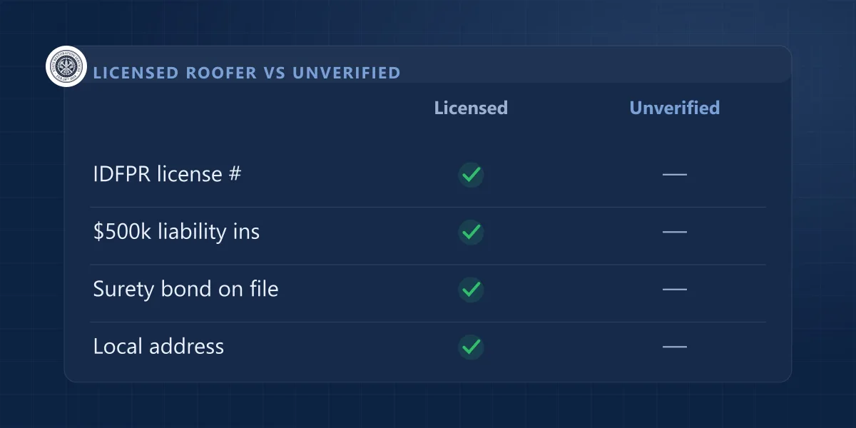 Comparison of a licensed Illinois roofer vs an unverified contractor on license, insurance, bond and local address