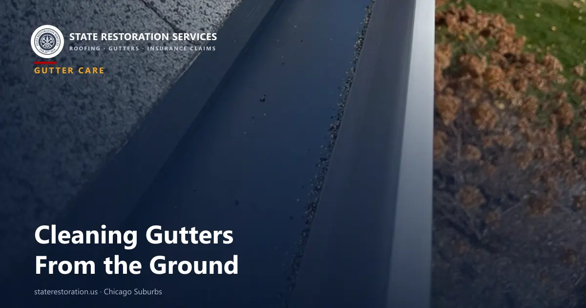 Clean aluminum gutter along a dark shingle roof edge with fallen leaves on the lawn below