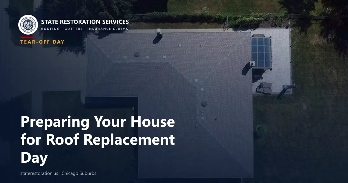 Aerial view of an asphalt shingle roof on a Chicago-suburb home before a roof replacement