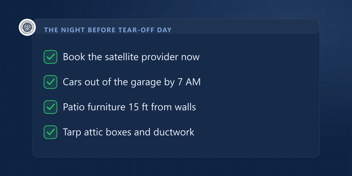 Night-before checklist for roof replacement day: book the satellite provider, cars out, patio furniture clear, tarp the attic