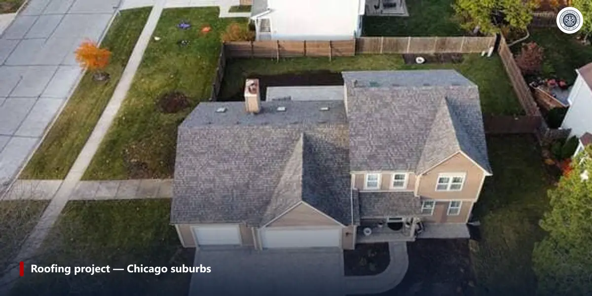 Aerial view of a completed State Restoration Services roof showing the driveway and parkway where a dumpster gets staged