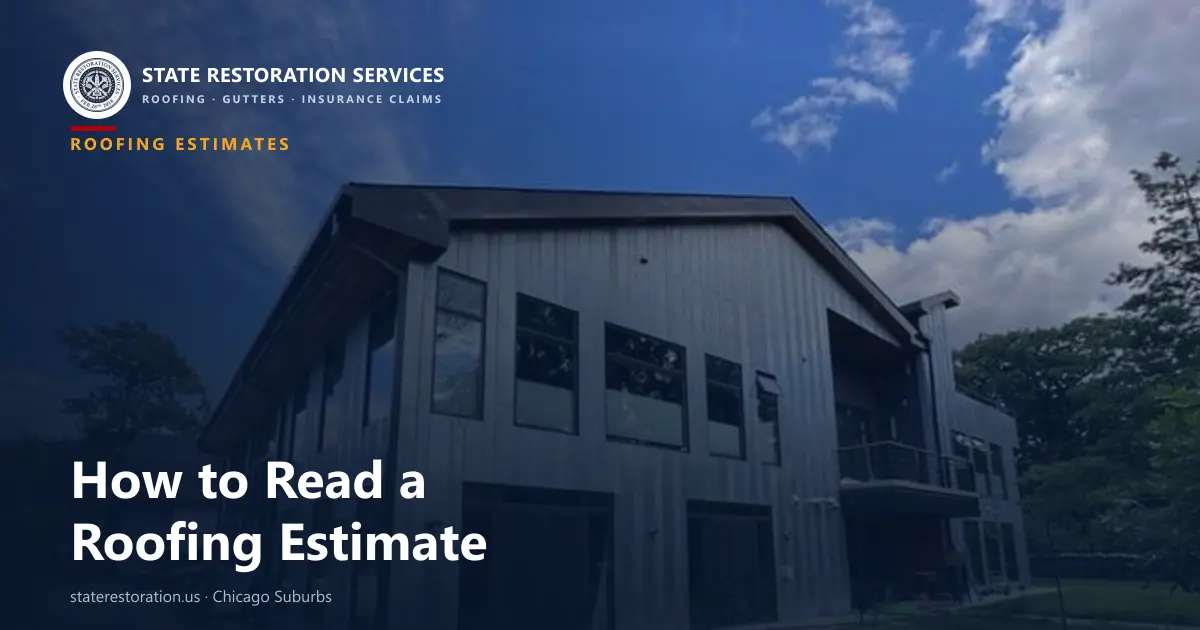 Homeowner reviewing an itemized roofing estimate with tear-off, decking, shingles and permit costs broken out.