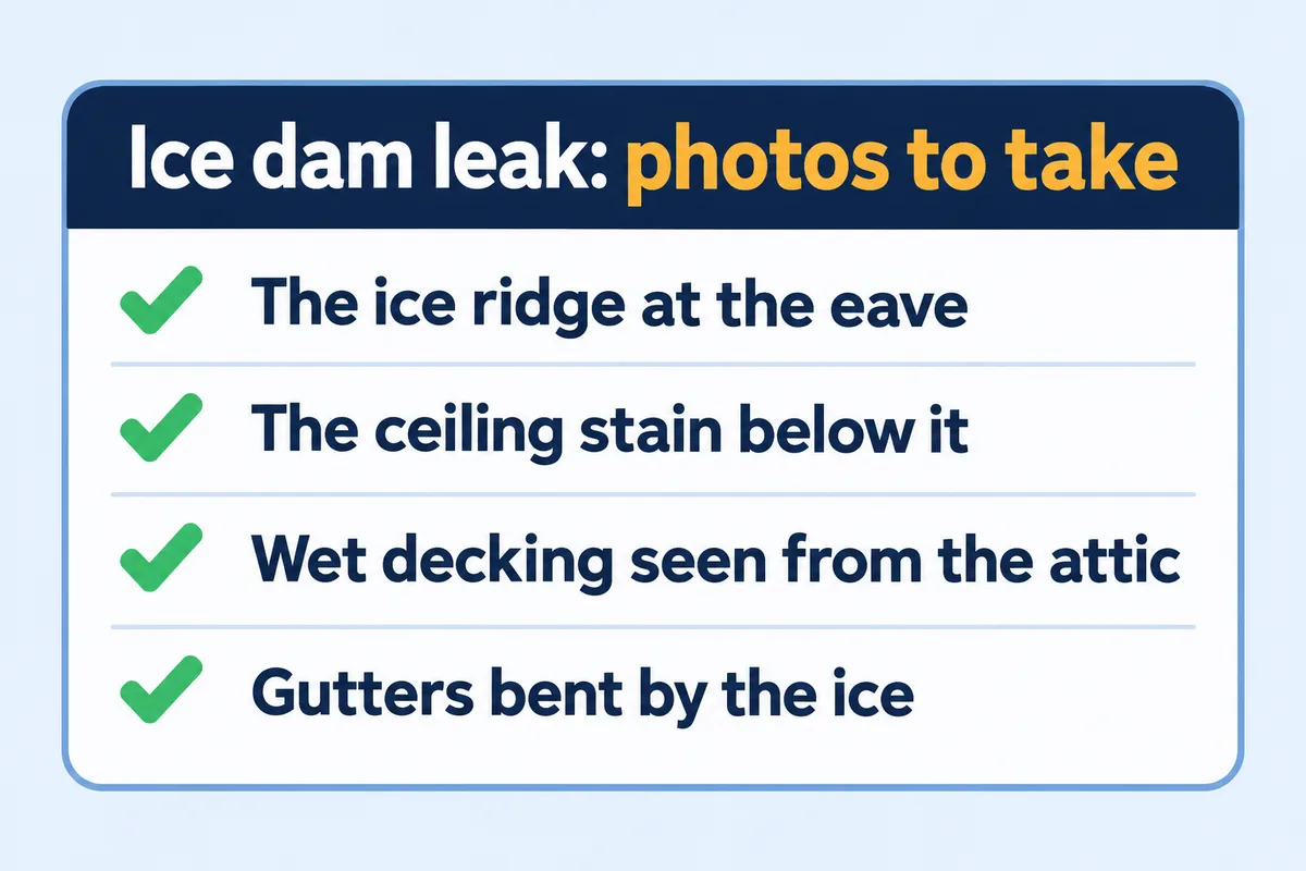 Checklist of four photos to take during an ice dam leak: ice ridge at the eave, ceiling stain, wet decking, bent gutters