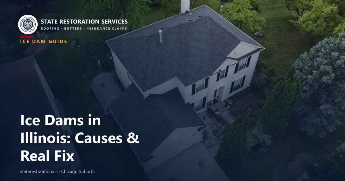 Aerial photo of a snow-prone Illinois roof, illustrating where ice dams build up along the eaves in winter