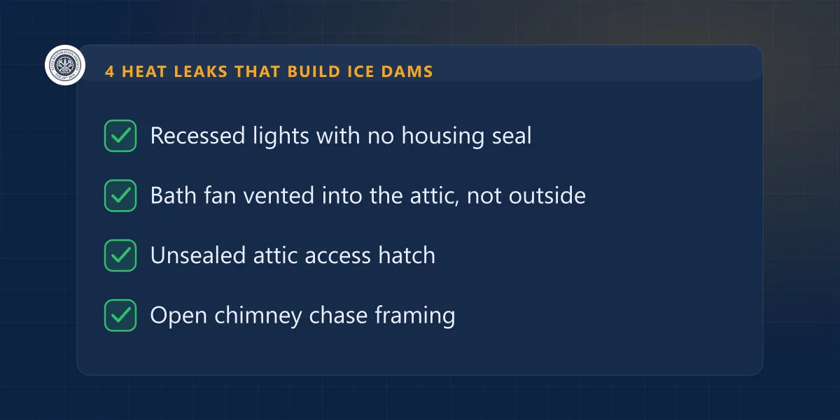 Checklist of four attic heat leaks that build ice dams: recessed lights, bath fan, attic hatch, chimney chase