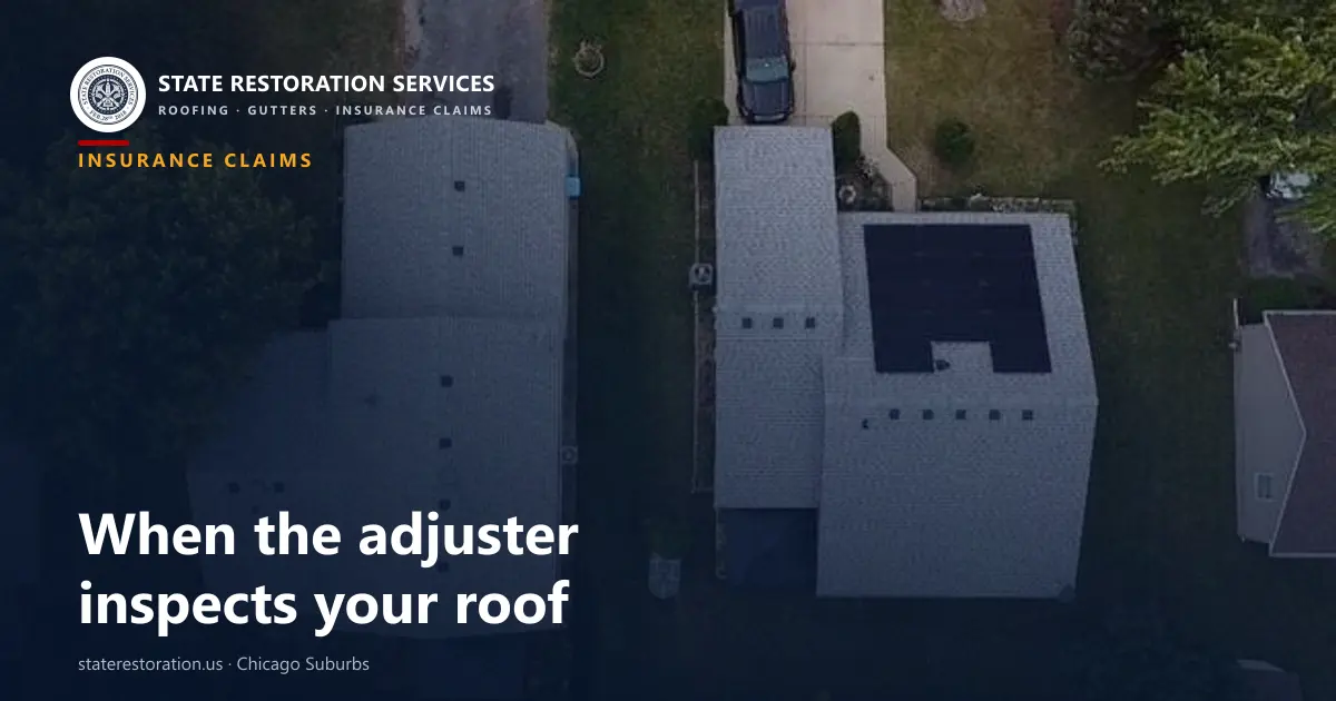 Aerial view of two suburban roofs, one with solar panels, under the title When the adjuster inspects your roof