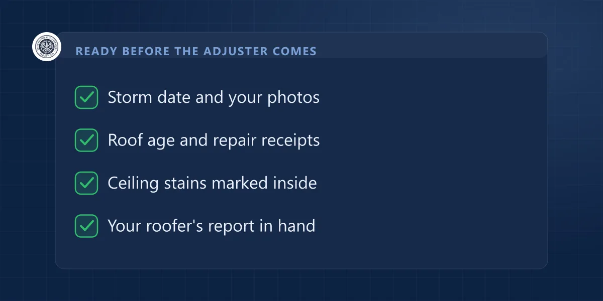 Checklist of four things to have ready before the insurance adjuster's roof inspection: storm date and photos, roof age and receipts, ceiling stains, roofer's report