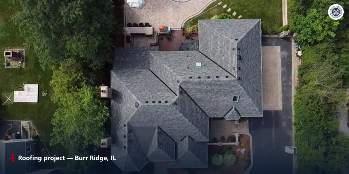 Aerial view of a gray hip roof with many slopes, dormers and roof vents on a house in Burr Ridge, Illinois
